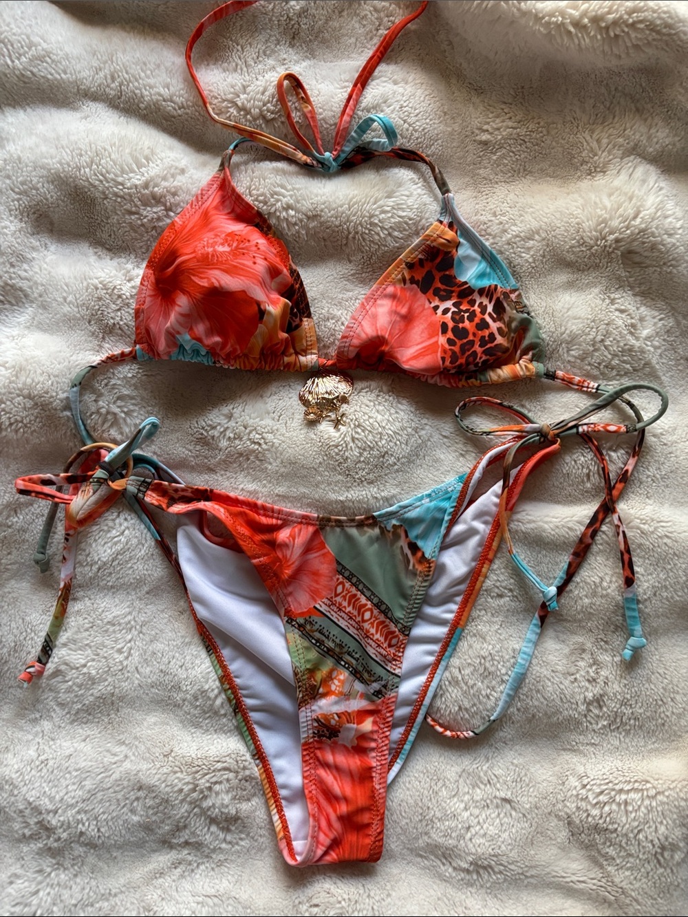 Multicolor Floral & Leopard Print Triangle Bikini